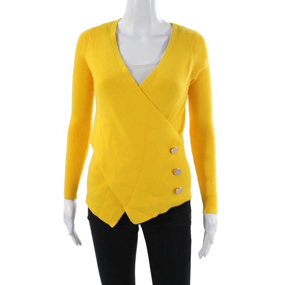 Milly Womens Yellow Wrap V-Neck Sweater Long Sleeve Size S